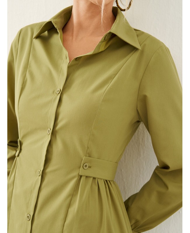 Solid Long Sleeve Button Front Lapel Shirt Dress - Green S