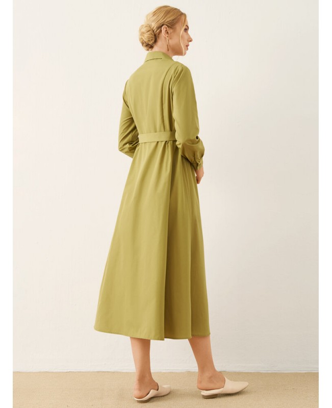 Solid Long Sleeve Button Front Lapel Shirt Dress - Green S