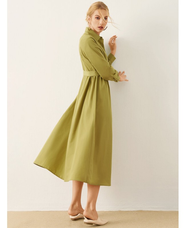 Solid Long Sleeve Button Front Lapel Shirt Dress - Green S