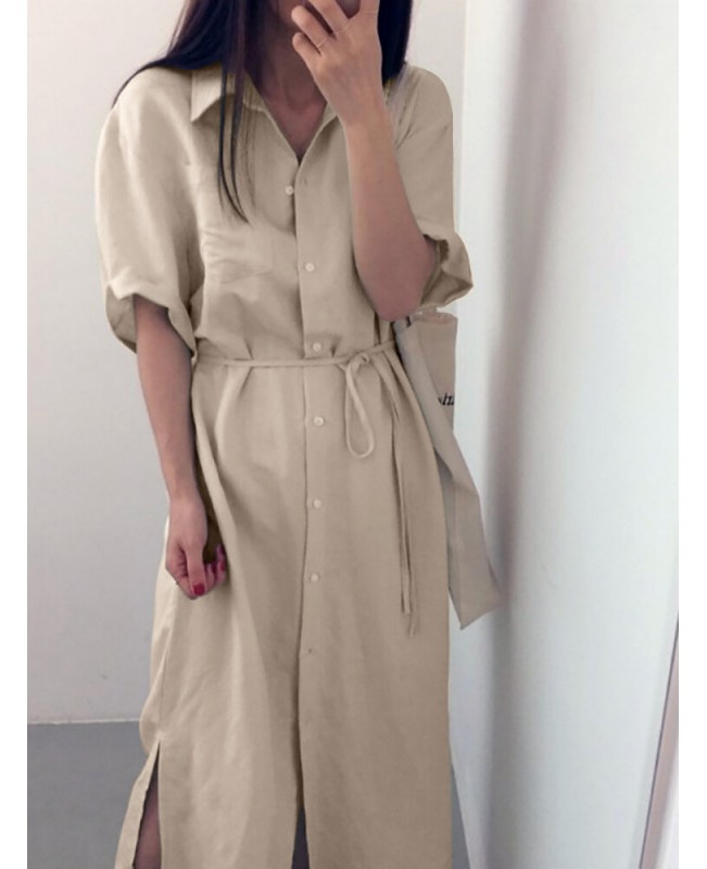 Solid Slit Half Sleeve Belt Lapel Button Down Shirt Dress - Black S