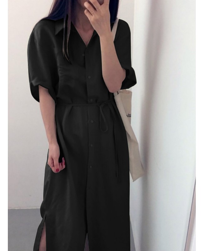 Solid Slit Half Sleeve Belt Lapel Button Down Shirt Dress - Black S