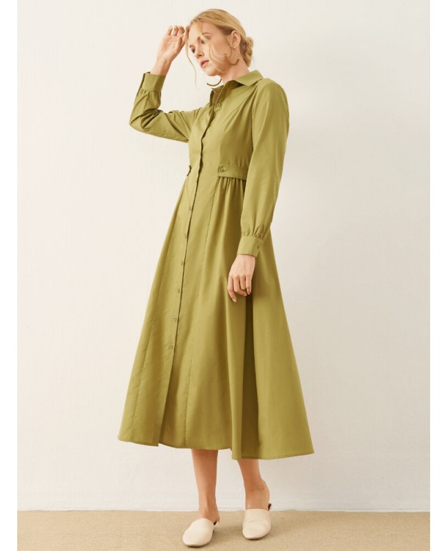 Solid Long Sleeve Button Front Lapel Shirt Dress - Green S