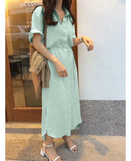 Solid Slit Half Sleeve Belt Lapel Button Down Shir...