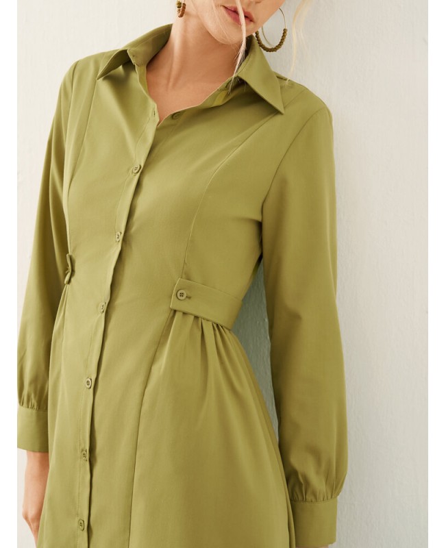 Solid Long Sleeve Button Front Lapel Shirt Dress - Green S