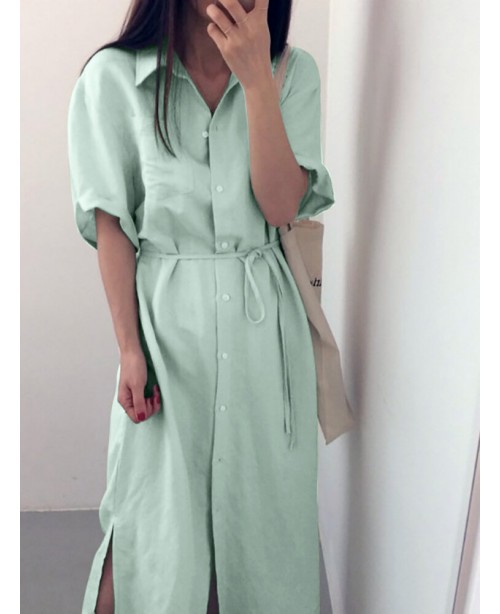 Solid Slit Half Sleeve Belt Lapel Button Down Shir...
