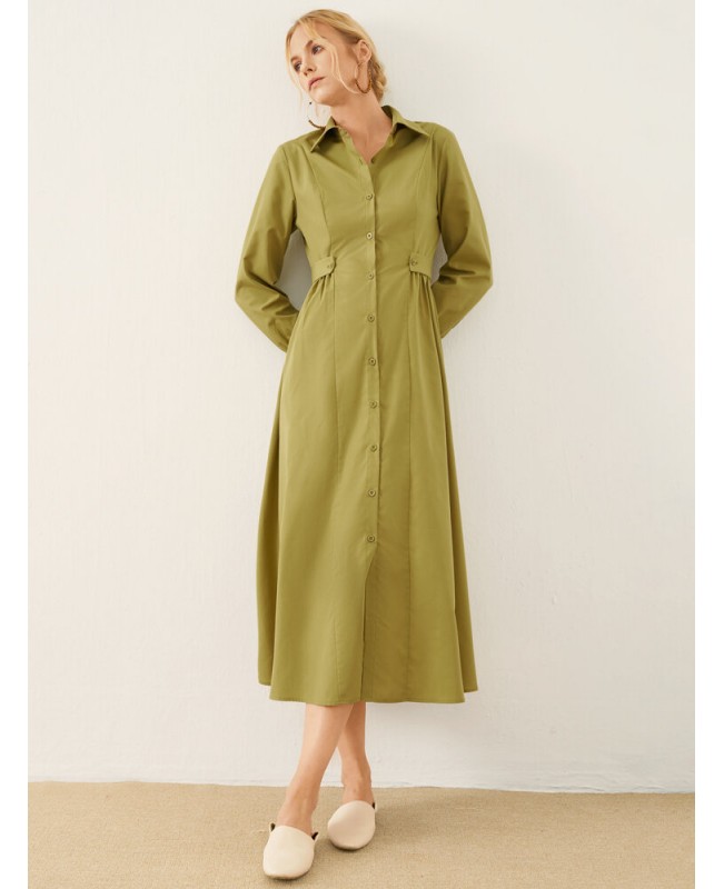 Solid Long Sleeve Button Front Lapel Shirt Dress - Green S