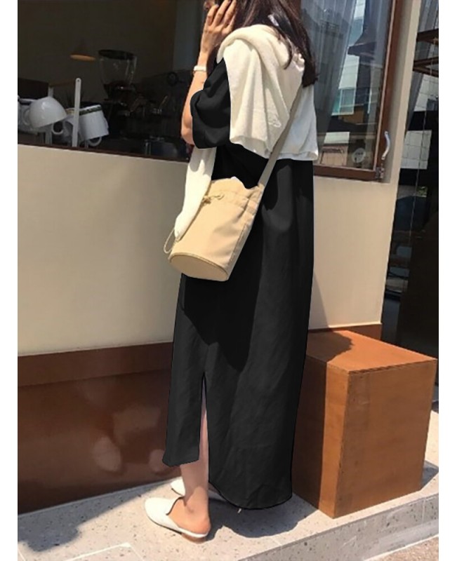 Solid Slit Half Sleeve Belt Lapel Button Down Shirt Dress - Black S