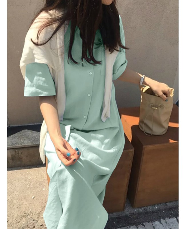 Solid Slit Half Sleeve Belt Lapel Button Down Shirt Dress - Black S