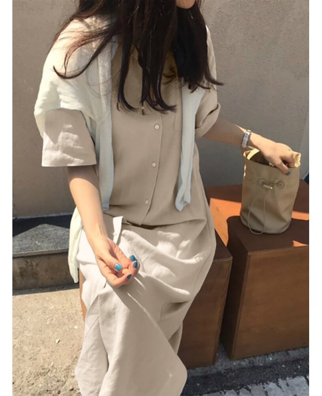 Solid Slit Half Sleeve Belt Lapel Button Down Shirt Dress - Black S