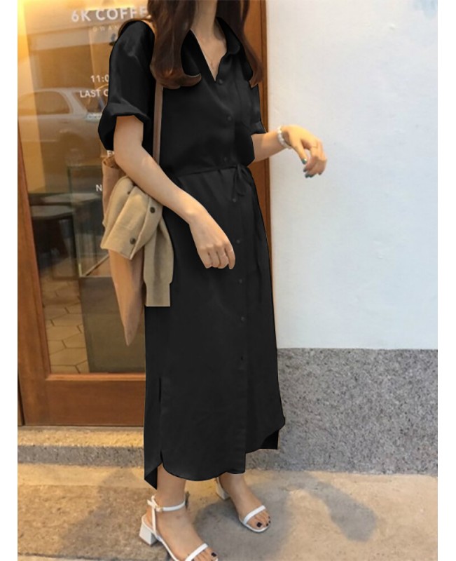 Solid Slit Half Sleeve Belt Lapel Button Down Shirt Dress - Black S