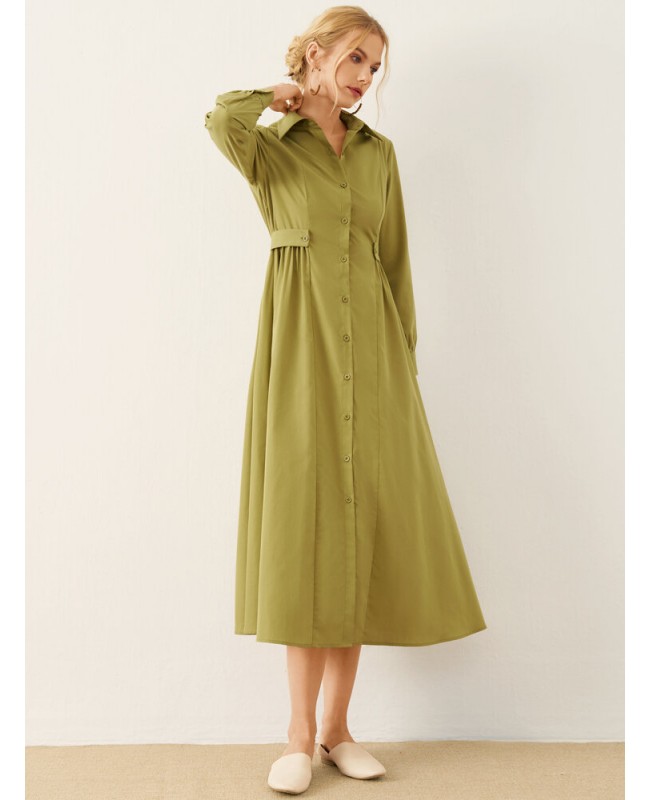 Solid Long Sleeve Button Front Lapel Shirt Dress - Green S