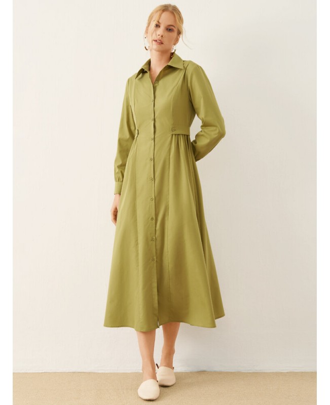 Solid Long Sleeve Button Front Lapel Shirt Dress - Green S