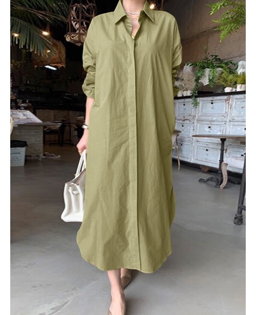 Women Brief Style Solid Color Turn-Down Collar Lon...