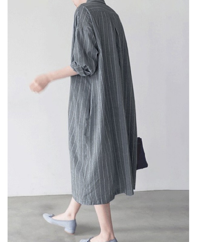 Stripe Button Lapel Casual Cotton Shirt Dress - Dark Blue S