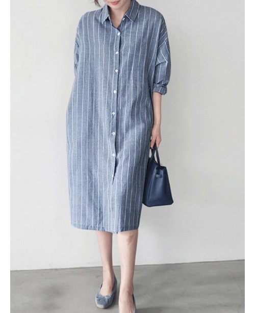 Stripe Button Lapel Casual Cotton Shirt Dress - Da...