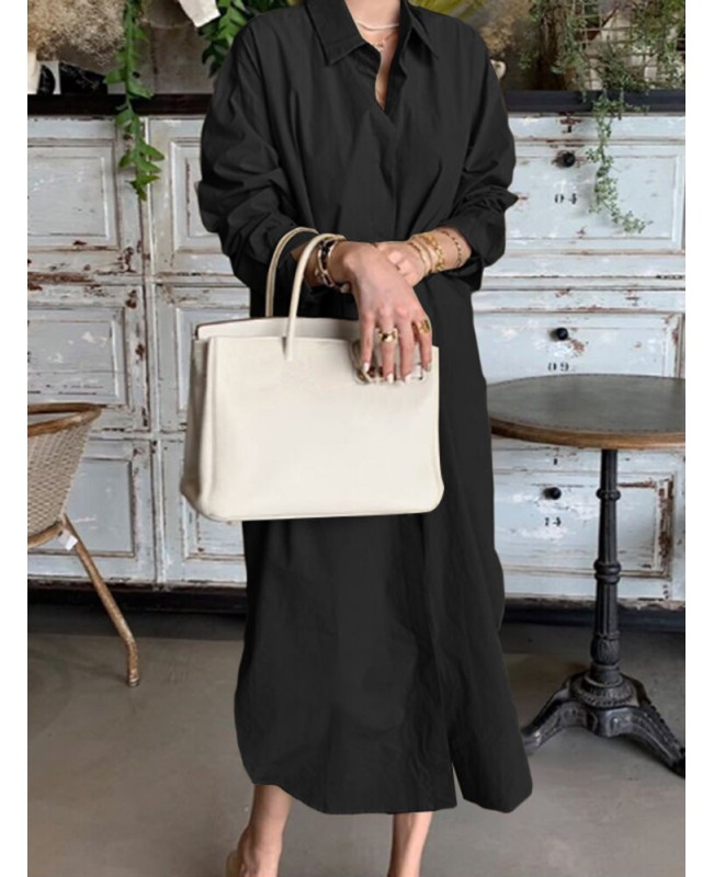 Women Brief Style Solid Color Turn-Down Collar Long Sleeve Casual Shirt Dress - Black S