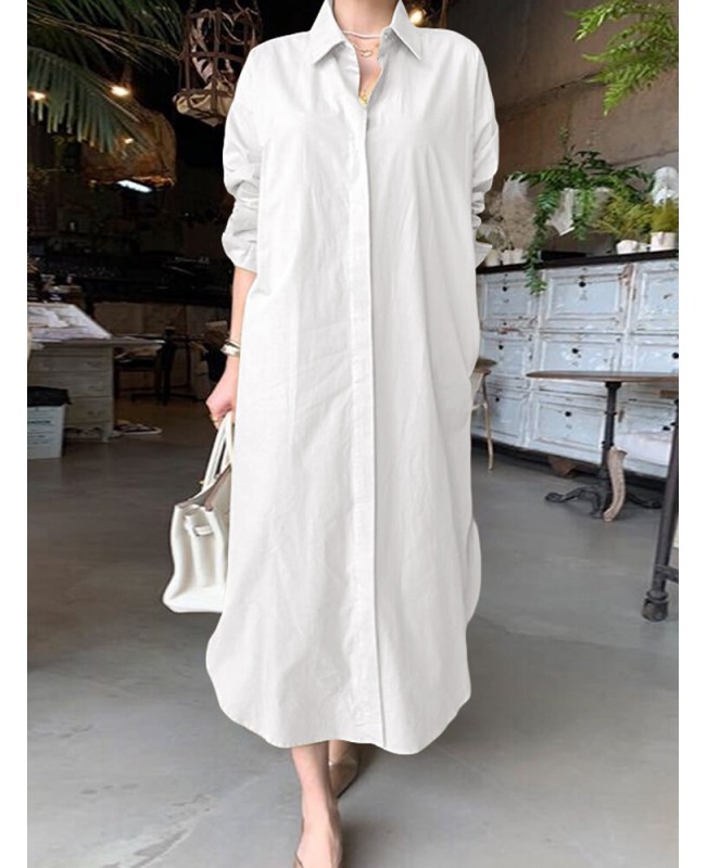 Women Brief Style Solid Color Turn-Down Collar Long Sleeve Casual Shirt Dress - Black S