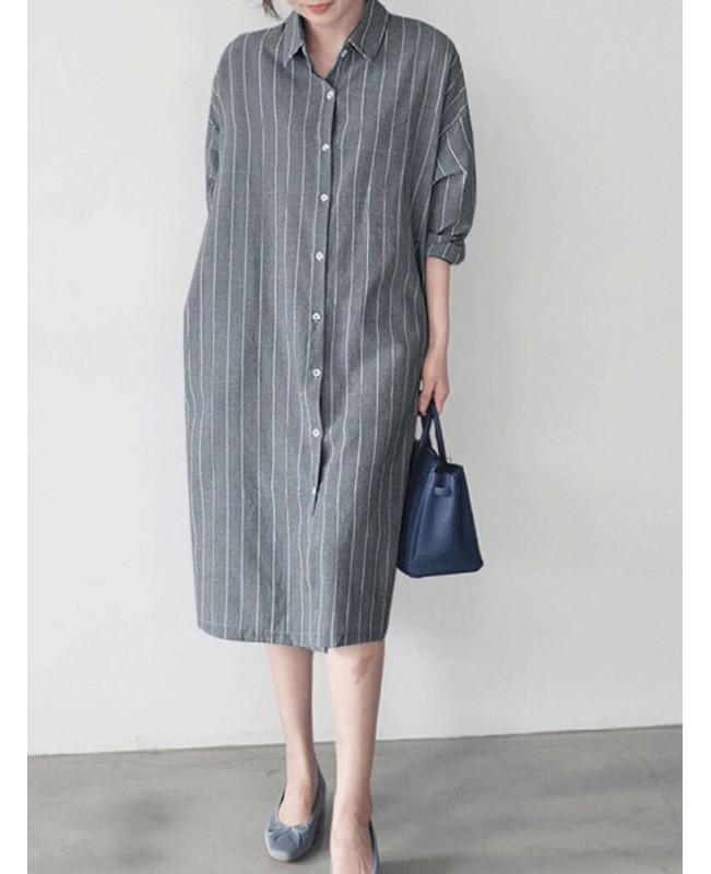 Stripe Button Lapel Casual Cotton Shirt Dress - Dark Blue S