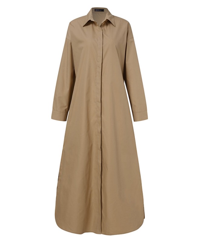 Women Brief Style Solid Color Turn-Down Collar Long Sleeve Casual Shirt Dress - Black S