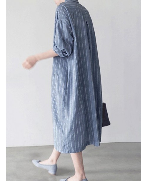 Stripe Button Lapel Casual Cotton Shirt Dress - Da...