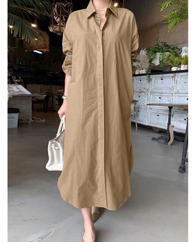 Women Brief Style Solid Color Turn-Down Collar Long Sleeve Casual Shirt Dress - Black S