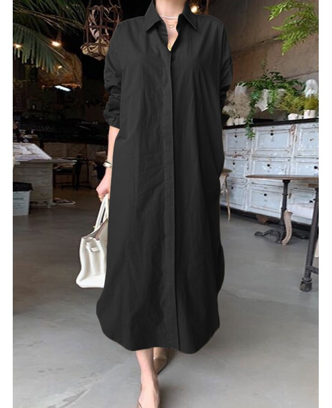 Women Brief Style Solid Color Turn-Down Collar Long Sleeve Casual Shirt Dress - Black S