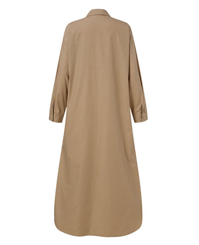 Women Brief Style Solid Color Turn-Down Collar Long Sleeve Casual Shirt Dress - Black S