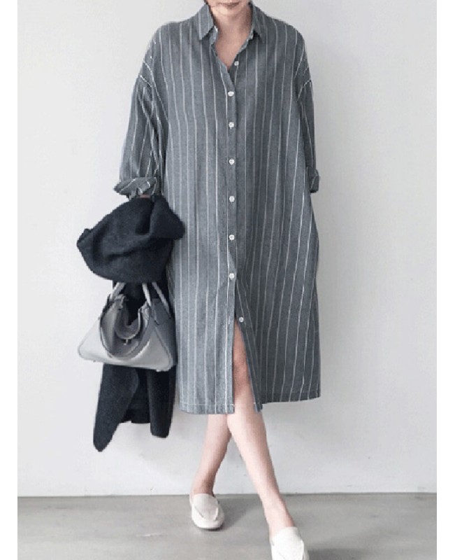 Stripe Button Lapel Casual Cotton Shirt Dress - Dark Blue S