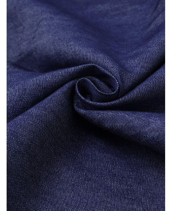 Casual Loose Button Front Irregular Split Hem Denim Maxi Shirt Dress with Front Pockets - Dark Blue S