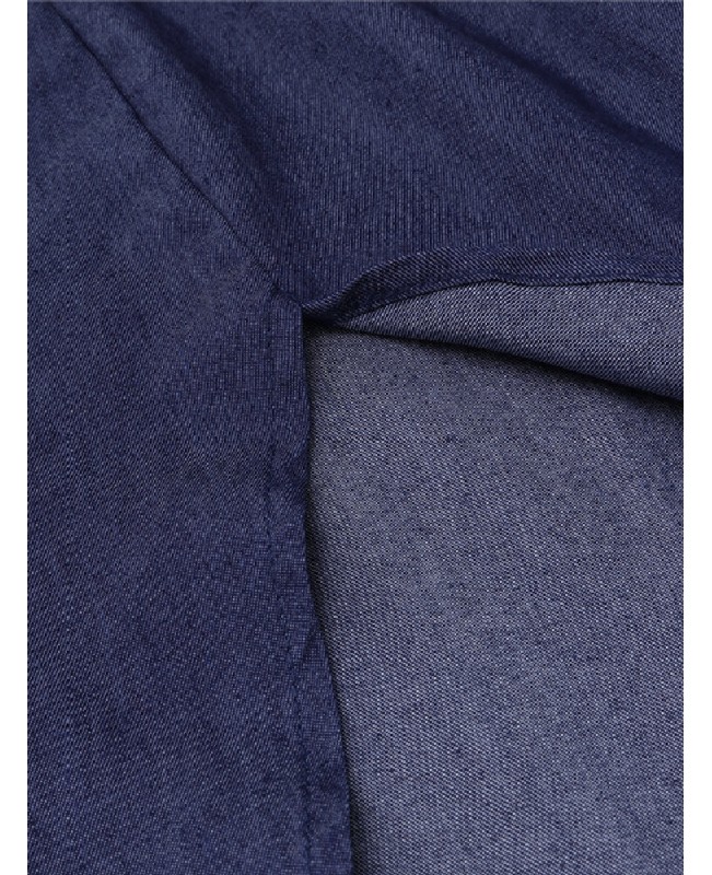 Casual Loose Button Front Irregular Split Hem Denim Maxi Shirt Dress with Front Pockets - Dark Blue S