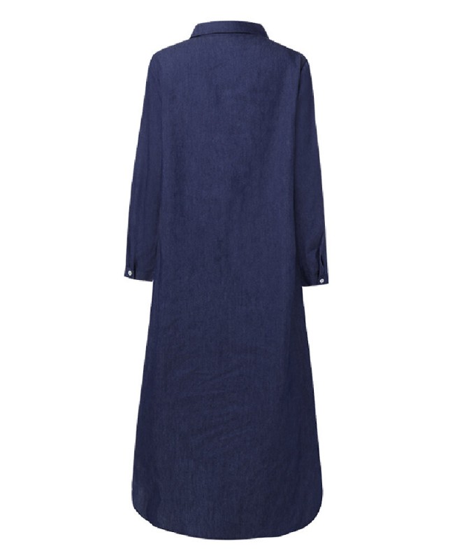 Casual Loose Button Front Irregular Split Hem Denim Maxi Shirt Dress with Front Pockets - Dark Blue S