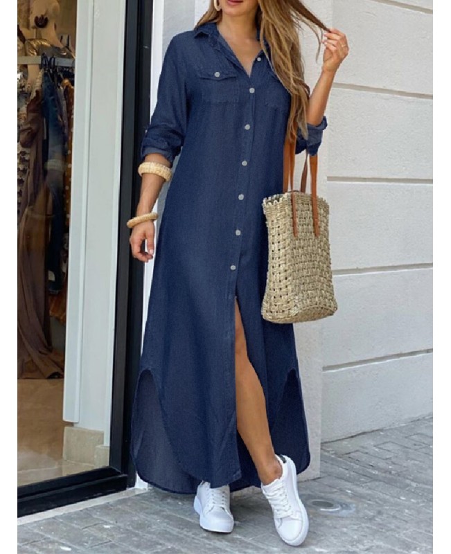 Casual Loose Button Front Irregular Split Hem Denim Maxi Shirt Dress with Front Pockets - Dark Blue S