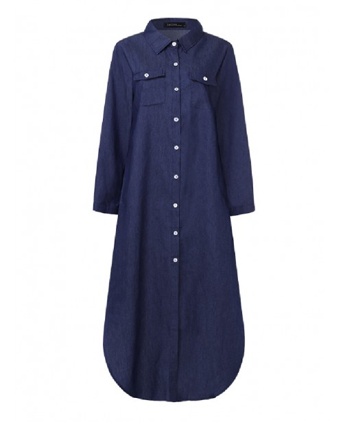 Casual Loose Button Front Irregular Split Hem Deni...