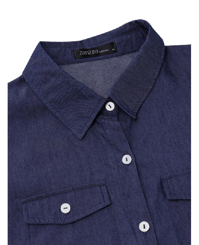 Casual Loose Button Front Irregular Split Hem Denim Maxi Shirt Dress with Front Pockets - Dark Blue S