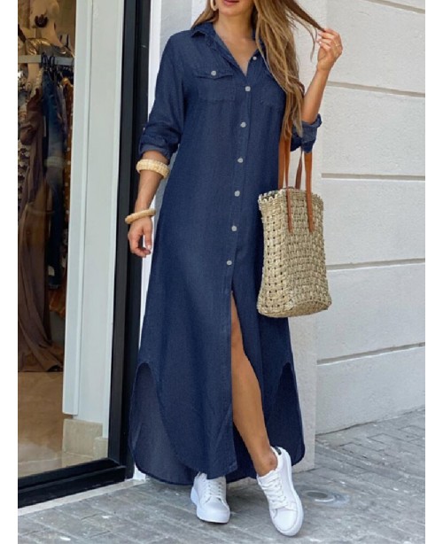 Casual Loose Button Front Irregular Split Hem Deni...