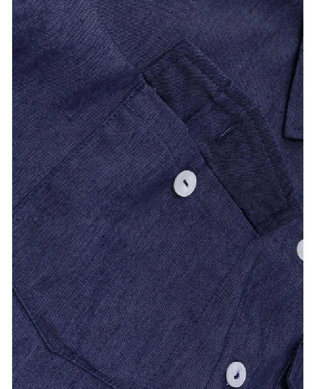 Casual Loose Button Front Irregular Split Hem Denim Maxi Shirt Dress with Front Pockets - Dark Blue S