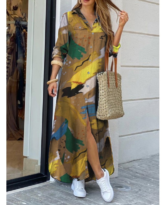Women Graffiti Print Lapel Button Front Double Pockets Long Sleeve Shirt Dress - Navy 2XL
