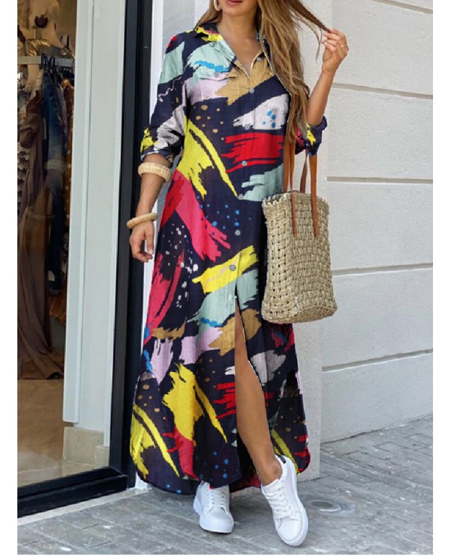 Women Graffiti Print Lapel Button Front Double Pockets Long Sleeve Shirt Dress - Navy 2XL