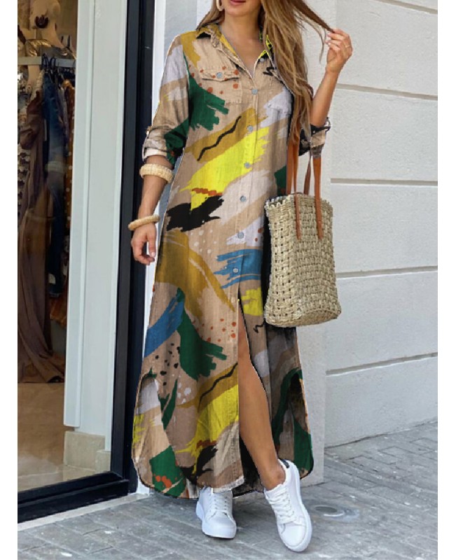 Women Graffiti Print Lapel Button Front Double Pockets Long Sleeve Shirt Dress - Navy 2XL