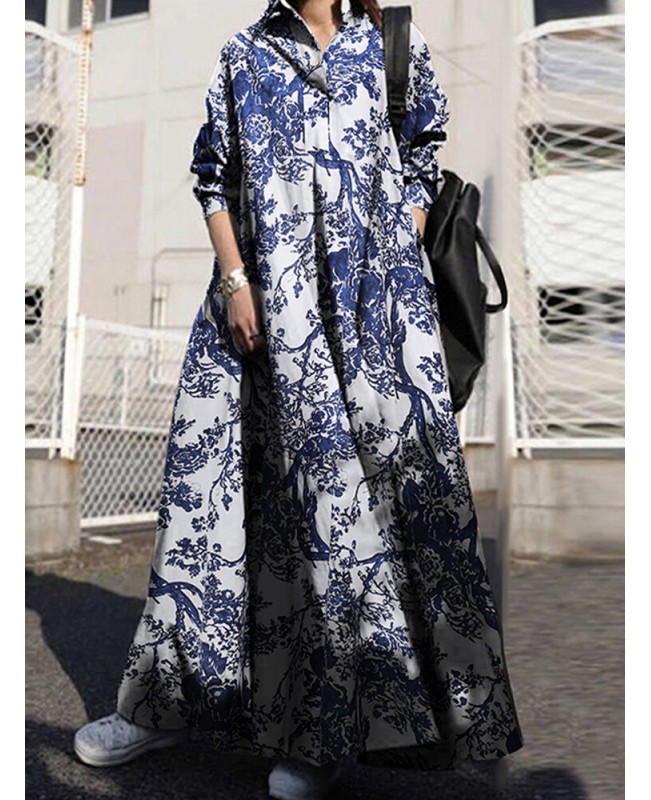 Women Retro Turn-down Collar Long Sleeve Vintage Shirt Maxi Dress With Pocket - White S
