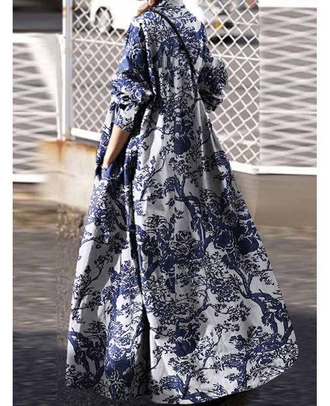 Women Retro Turn-down Collar Long Sleeve Vintage Shirt Maxi Dress With Pocket - White S