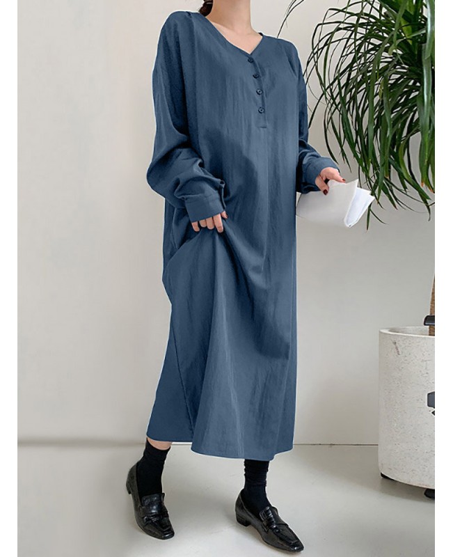 Solid Color Long Sleeve V-neck Shirt Dress With Belt - Black S