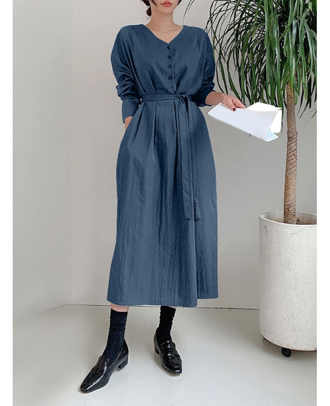 Solid Color Long Sleeve V-neck Shirt Dress With Belt - Black S