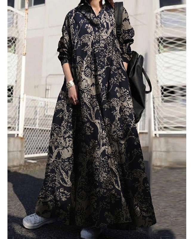 Women Retro Turn-down Collar Long Sleeve Vintage Shirt Maxi Dress With Pocket - White S