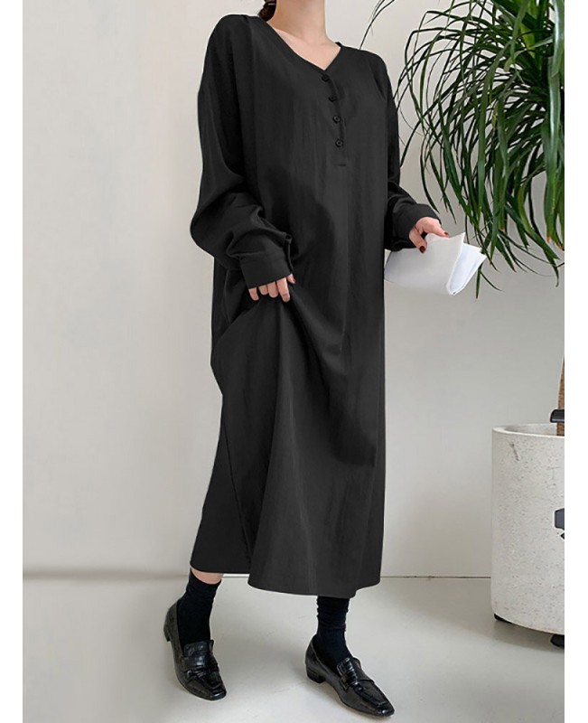 Solid Color Long Sleeve V-neck Shirt Dress With Belt - Black S