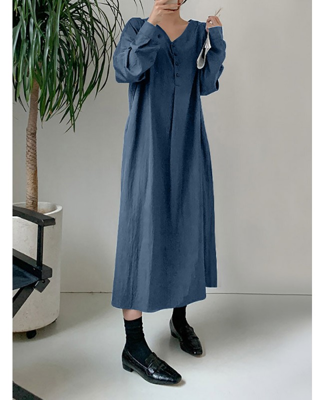 Solid Color Long Sleeve V-neck Shirt Dress With Belt - Black S