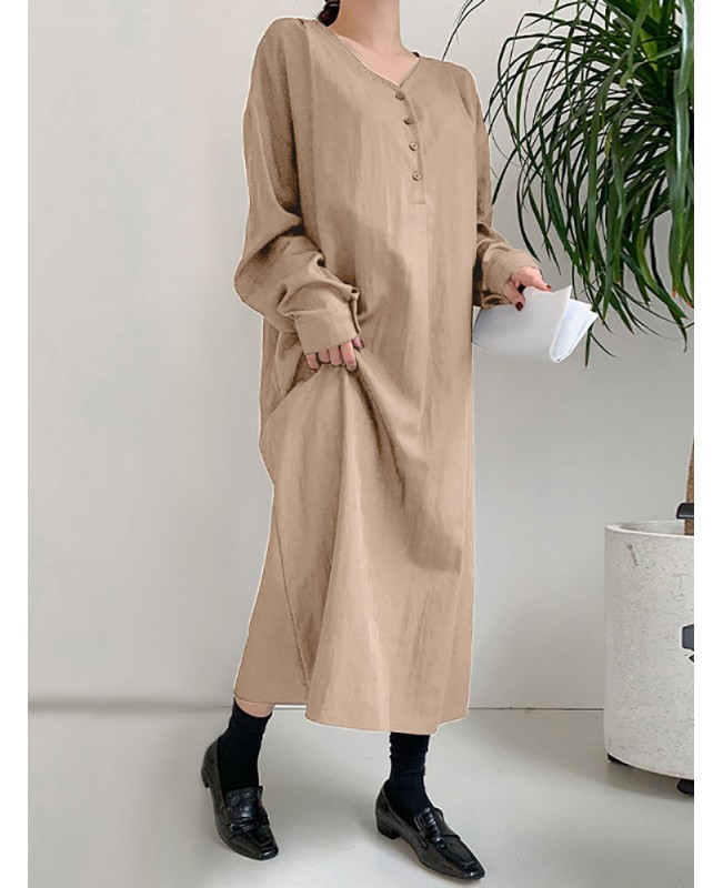 Solid Color Long Sleeve V-neck Shirt Dress With Belt - Black S