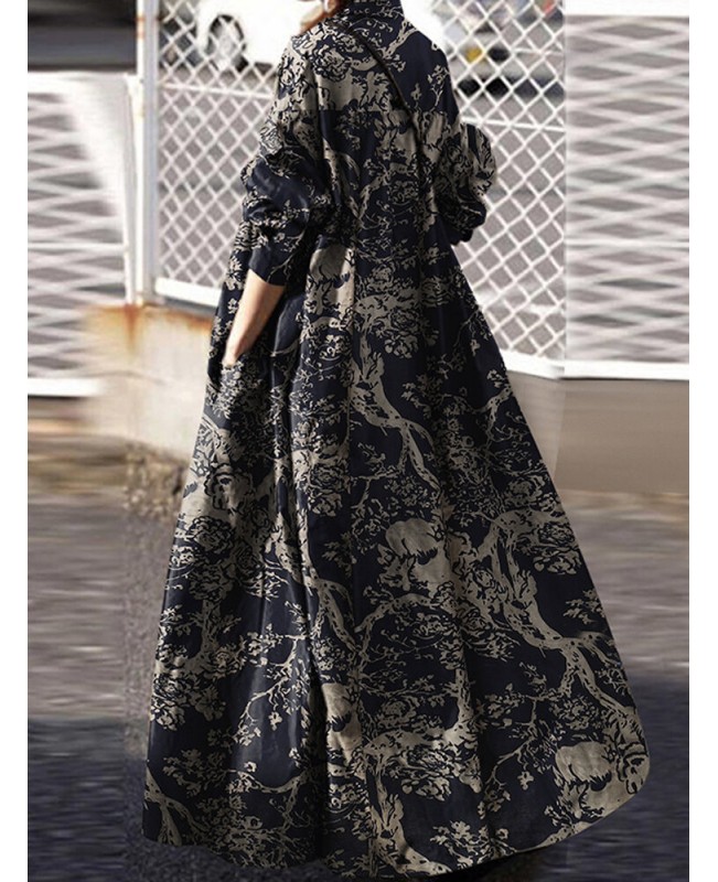 Women Retro Turn-down Collar Long Sleeve Vintage Shirt Maxi Dress With Pocket - White S