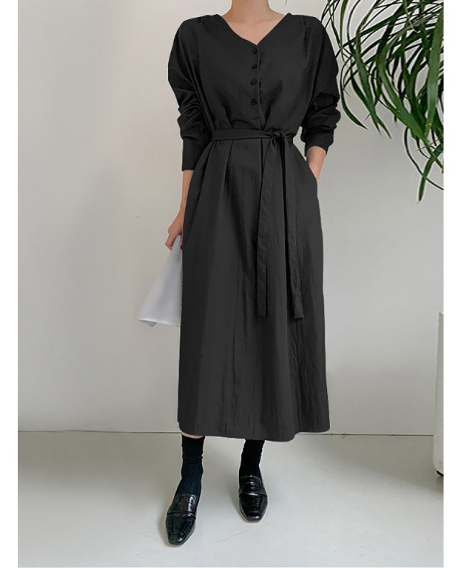 Solid Color Long Sleeve V-neck Shirt Dress With Belt - Black S
