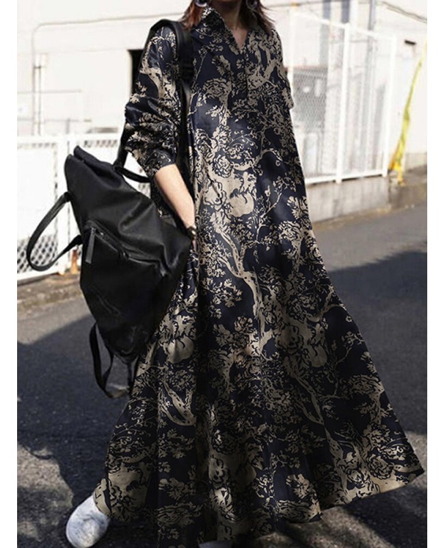 Women Retro Turn-down Collar Long Sleeve Vintage Shirt Maxi Dress With Pocket - White S